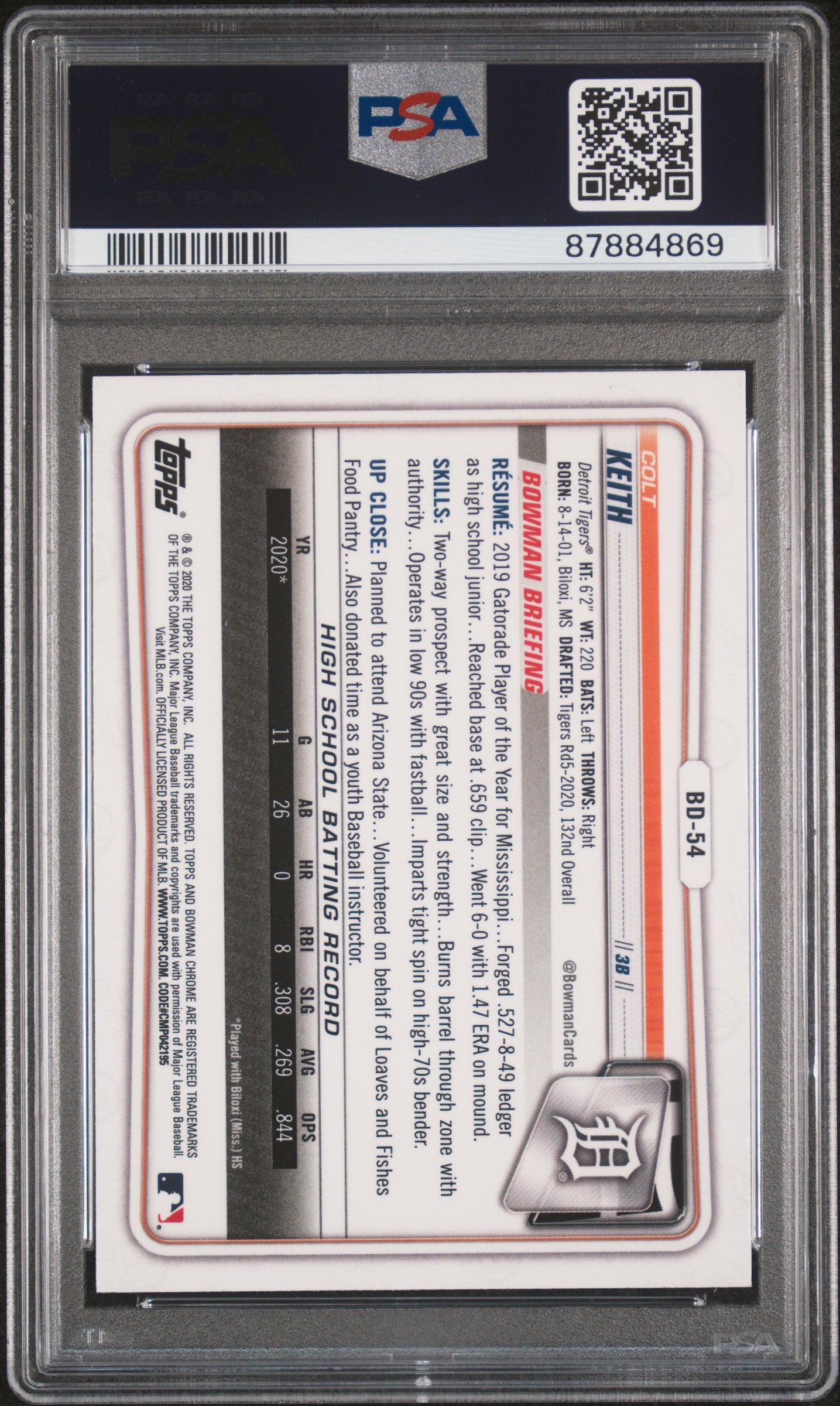 Graded 2020 Topps Bowman Draft Colt Keith #BD54 Chrome Rookie RC Baseball Card PSA 10 Gem Mint