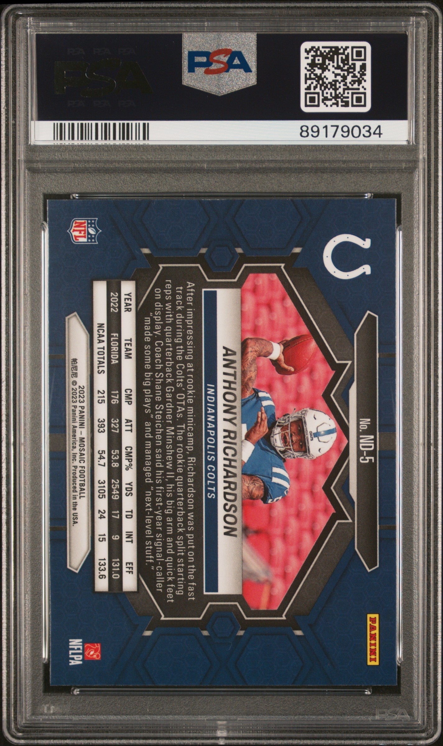 Graded 2023 Panini Mosaic Anthony Richardson #ND5 NFL Debut Rookie RC Football Card PSA 10 Gem Mint