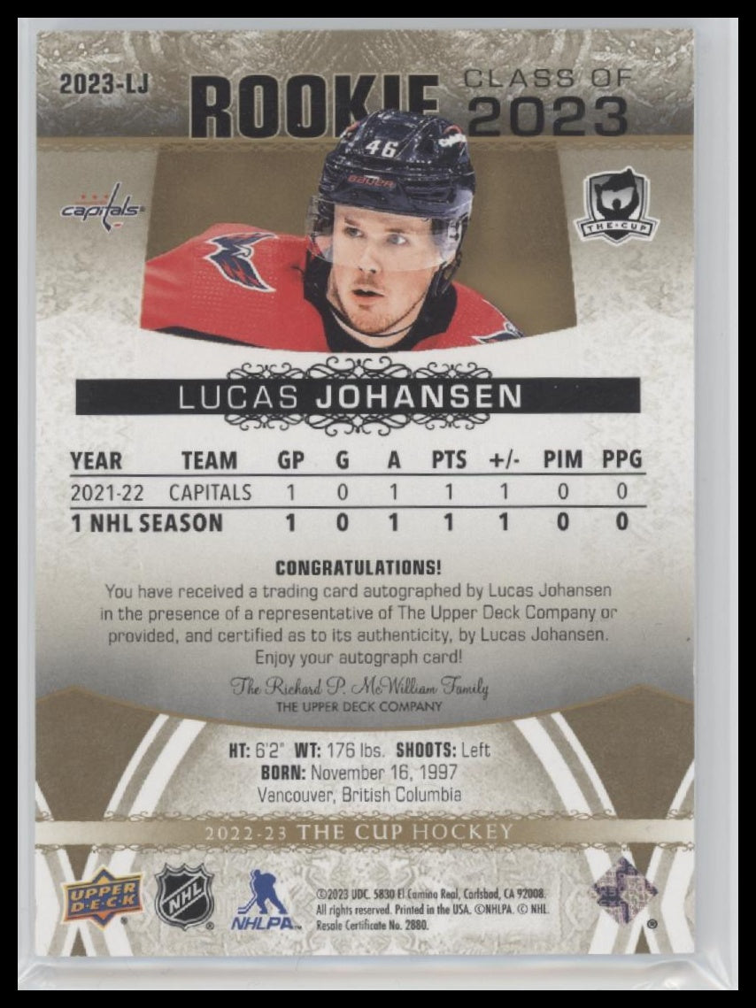 2022-23 The Cup Lucas Johansen Rookie Class of 2023 Gold Foil Autographs #/50