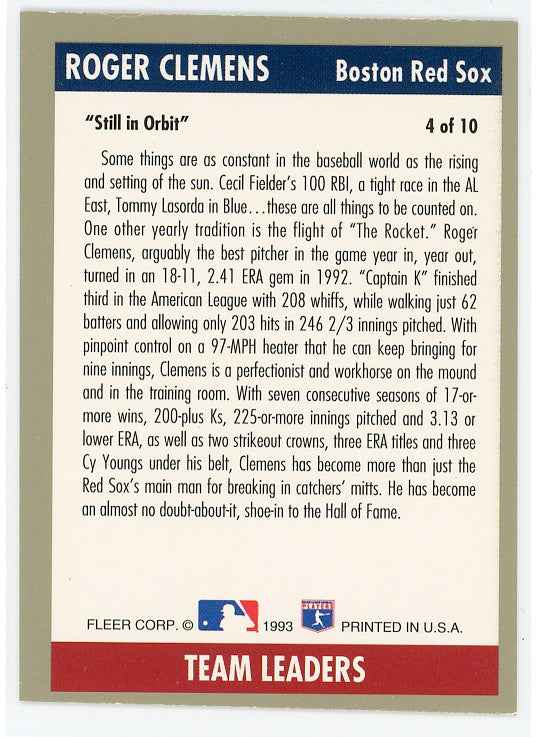 1993 Fleer Team Leaders #AL4 Roger Clemens Card