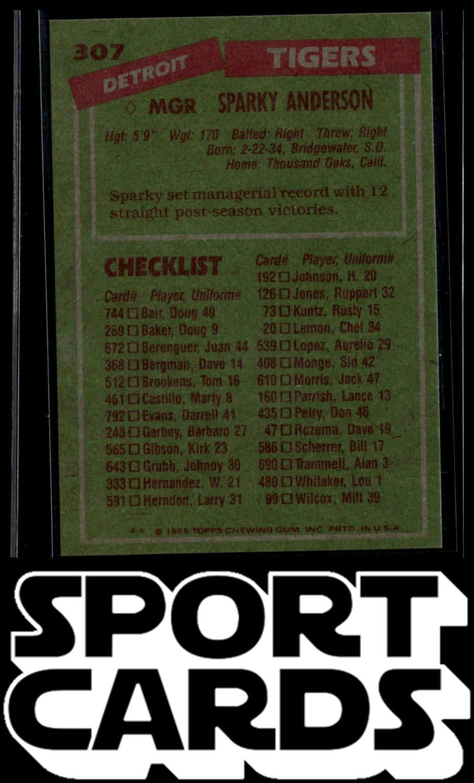 1985 Topps #307 Sparky Anderson SportCards.com