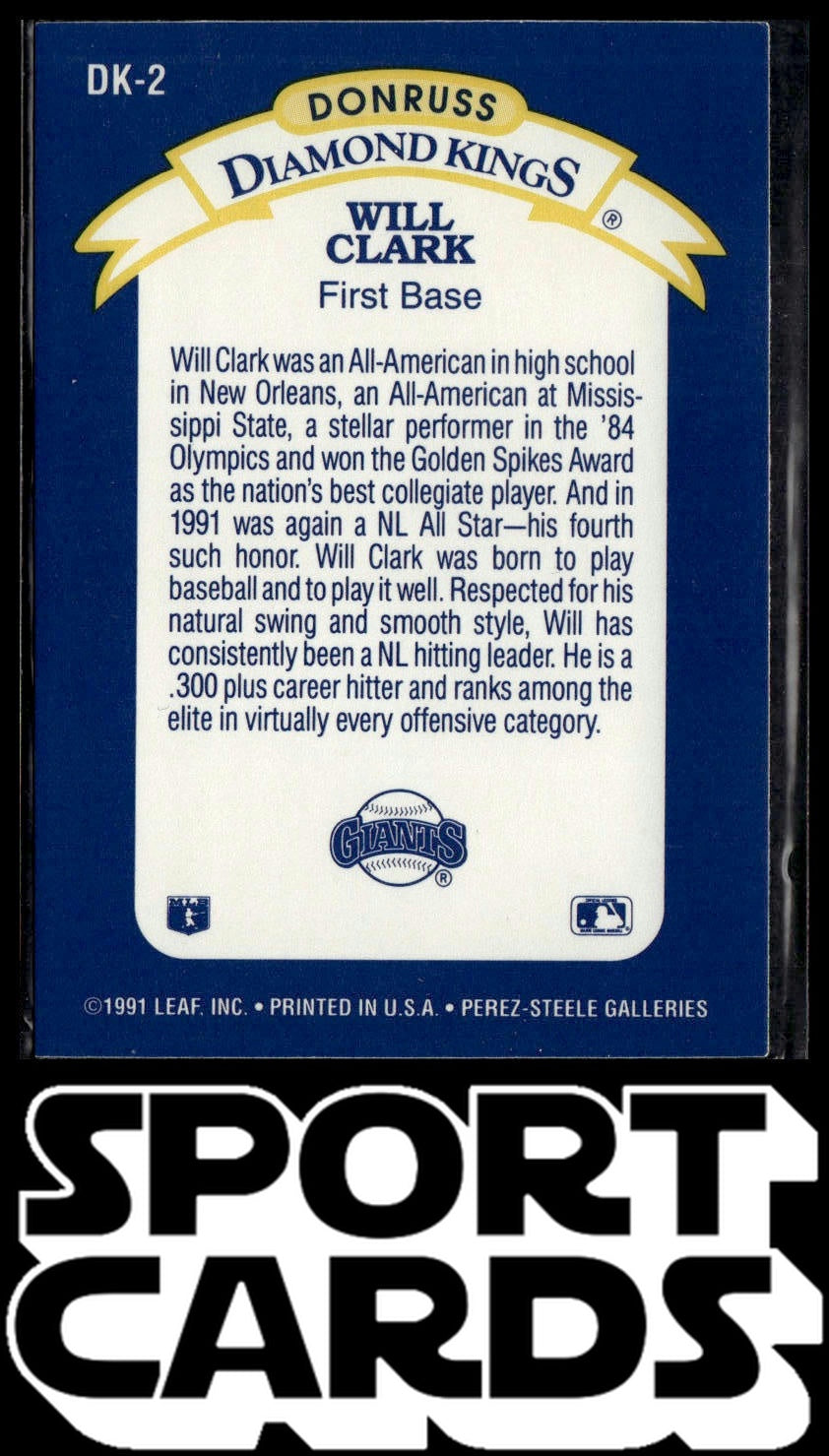 1992 Donruss #DK-2 Will Clark Diamond Kings SportCards.com