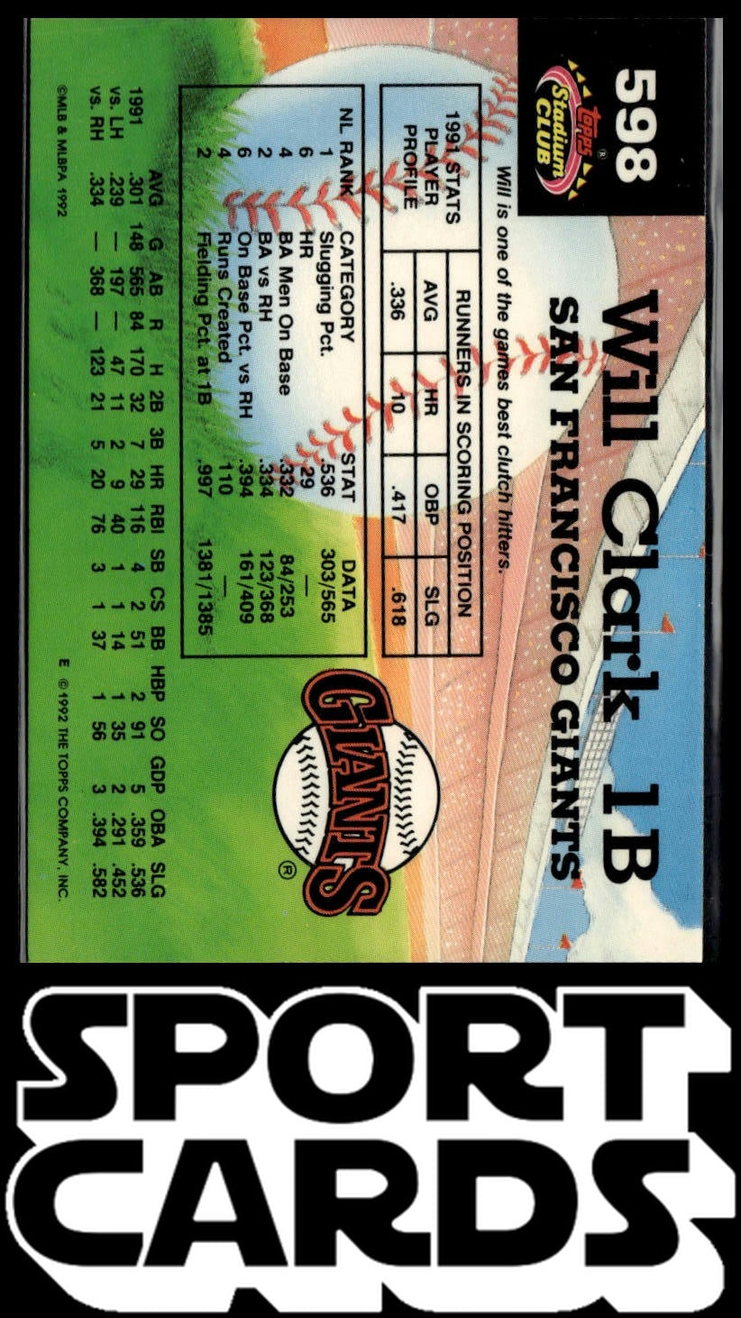 1992 Stadium Club #598b Will Clark SportCards.com