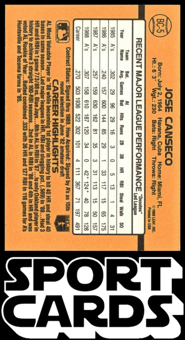 1989 Donruss #BC-5 Jose Canseco Bonus MVP's "© 1988 LEAF, INC.