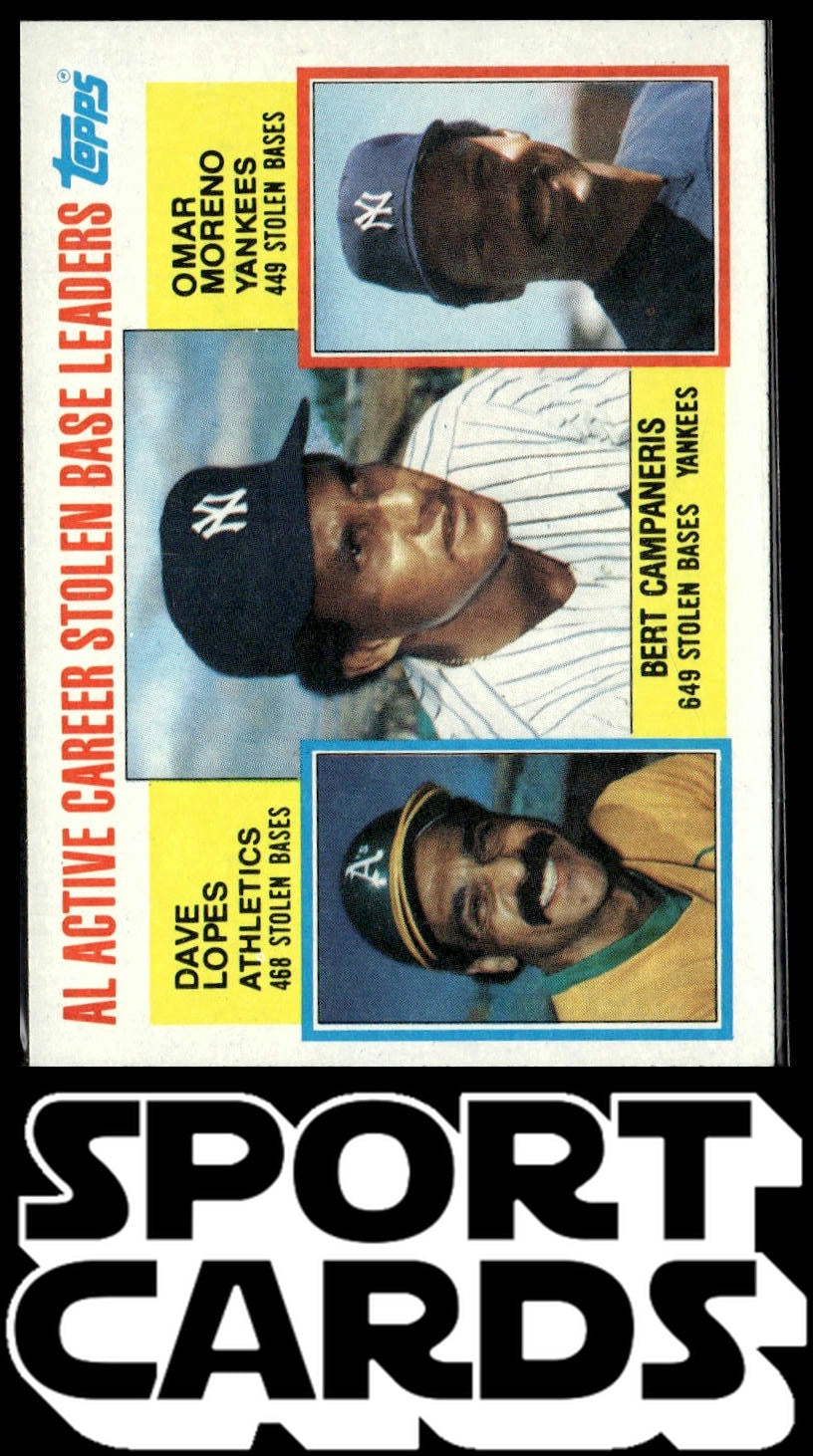 1984 Topps #714 AL Stolen Bases (Bert Campaneris / Dave Lopes / Omar Moreno)