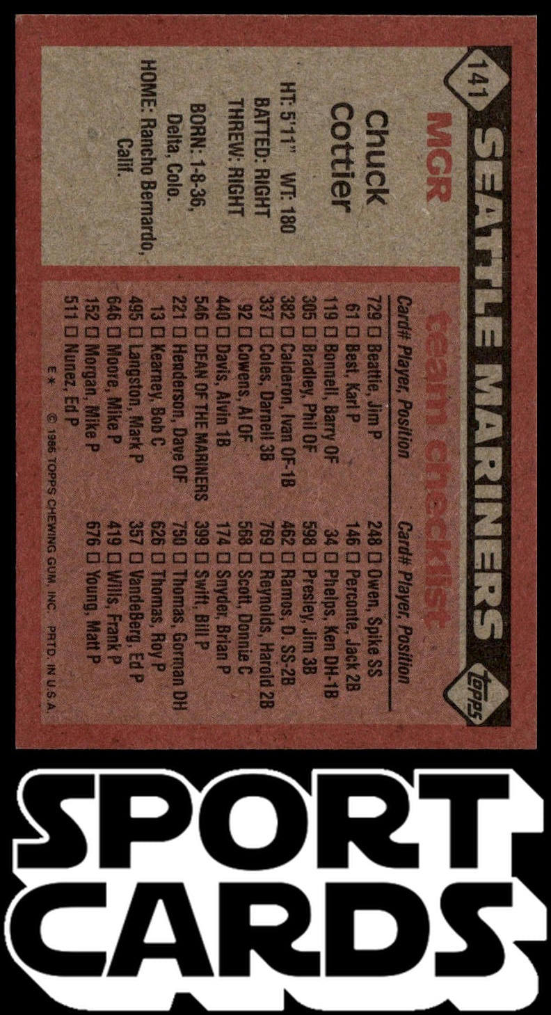 1986 Topps #141 Chuck Cottier SportCards.com