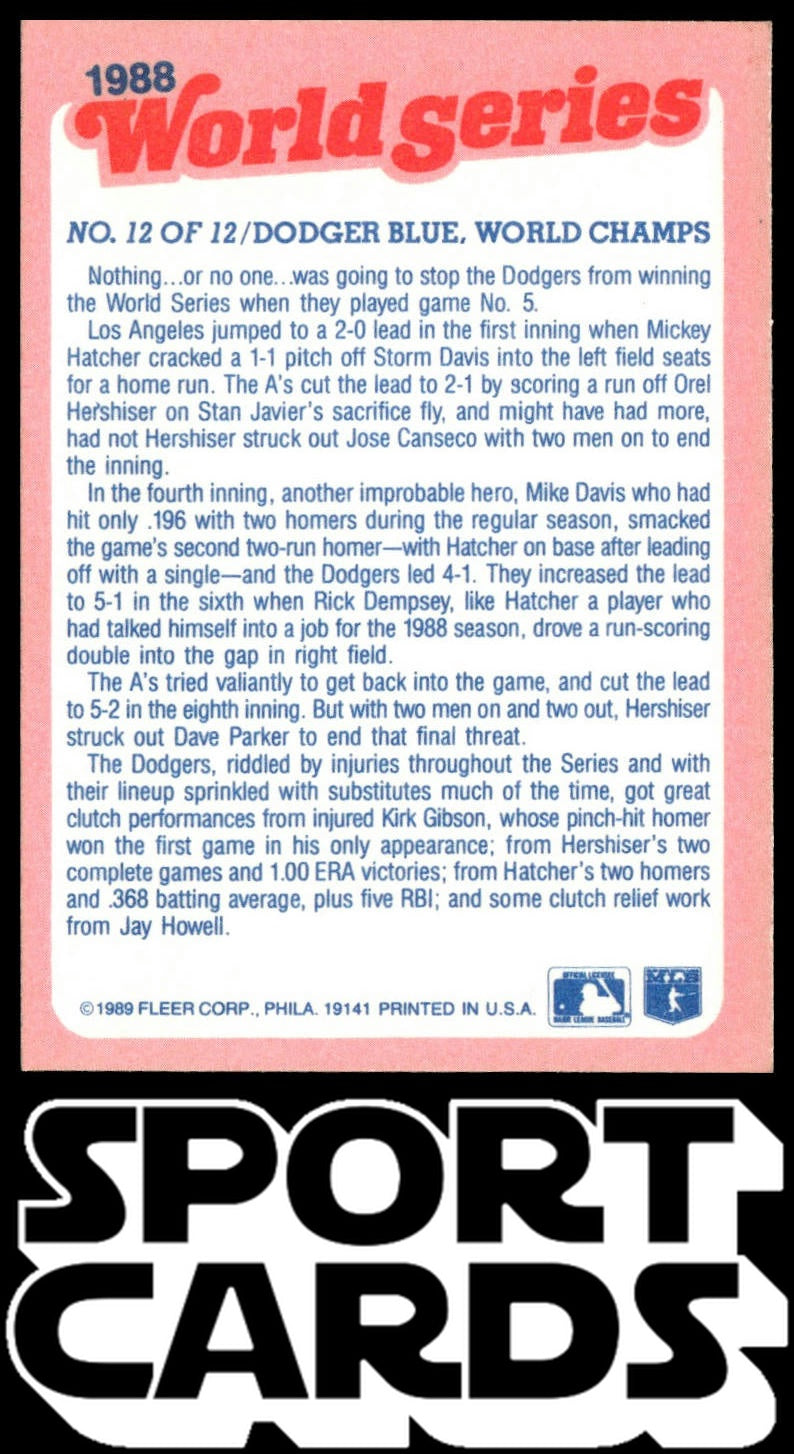 1989 Fleer #12 Dodger Blue, World Champs World Series SportCards.com