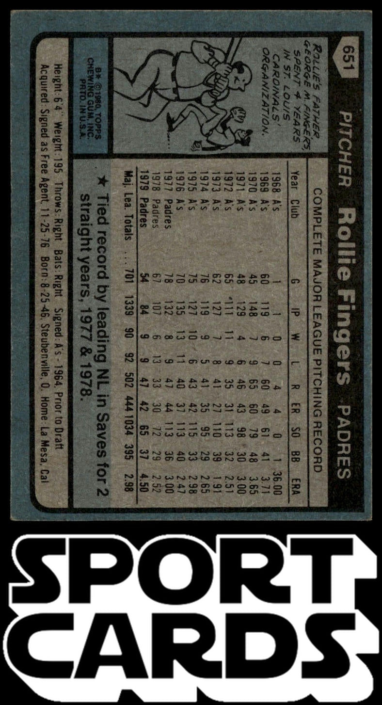 1980 Topps #651 Rollie Fingers SportCards.com