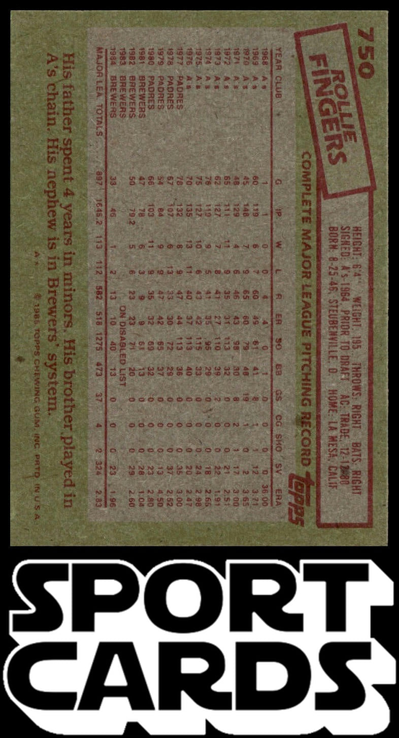 1985 Topps #750 Rollie Fingers SportCards.com