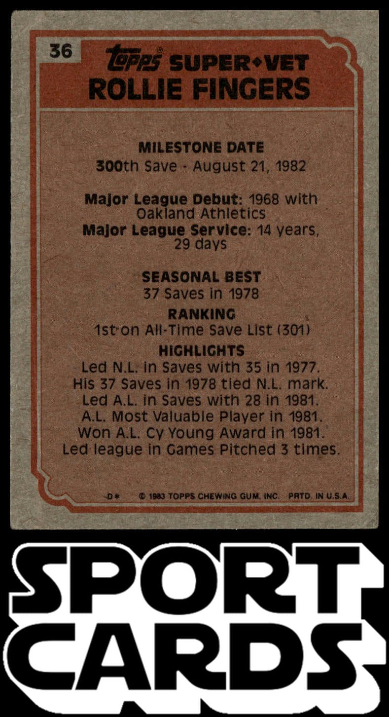 1983 Topps #36 Rollie Fingers SportCards.com