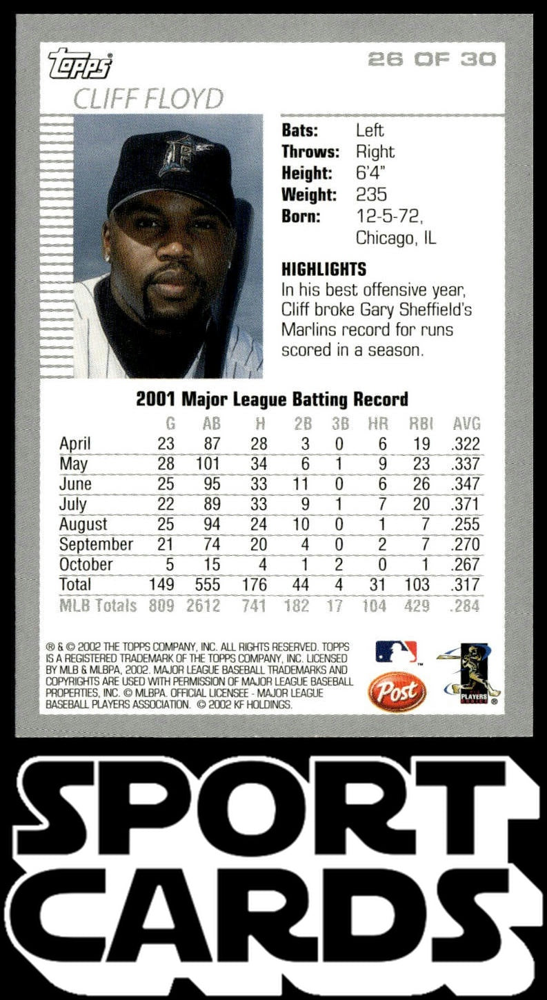 2002 Topps Post Cereal #26 Cliff Floyd SportCards.com
