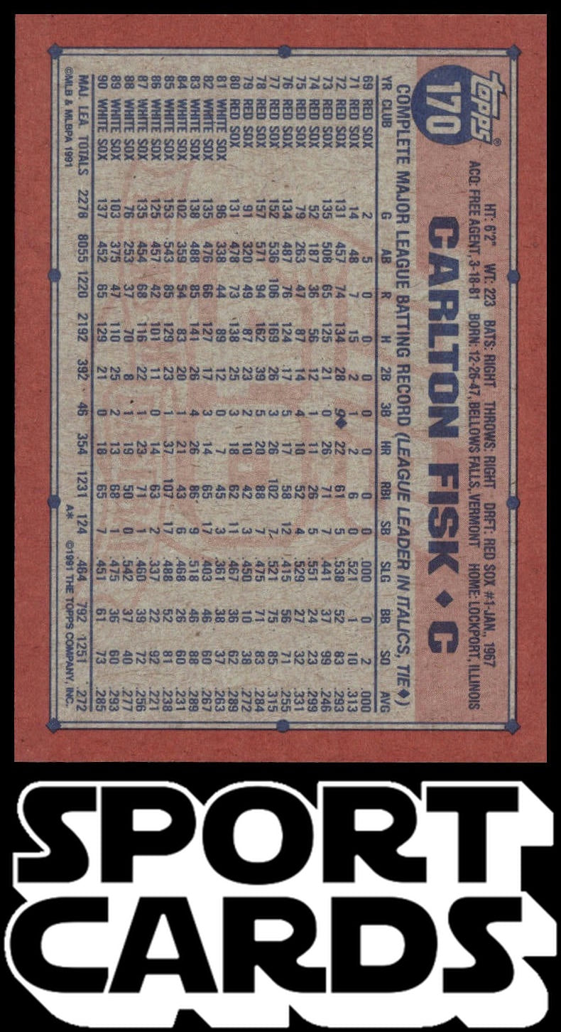 1991 Topps #170c Carlton Fisk A*B* on copyright line SportCards.com