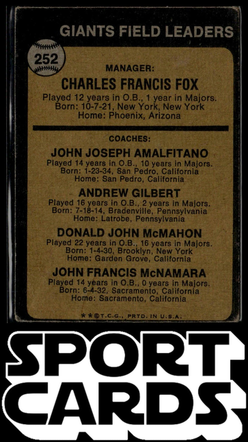 1973 Topps #252a Giants Field Leaders