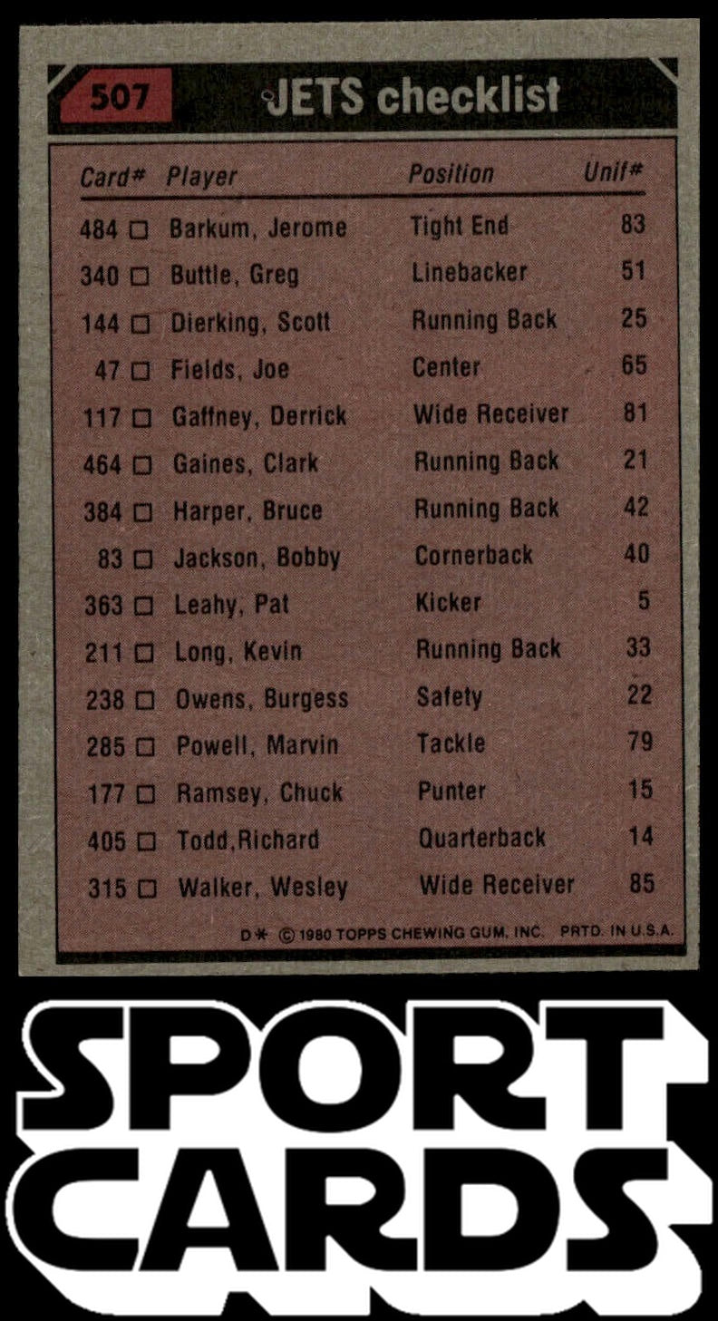 1980 Topps #507 Clark Gaines / Wesley Walker / Burgess Owens / Joe Klecko