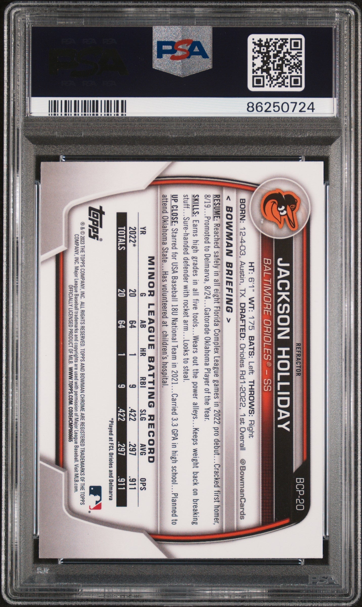 Graded 2023 Topps Bowman Jackson Holliday #BCP20 Chrome Prospects Lunar Glow Refractor Rookie RC Baseball Card PSA 10 Gem Mint