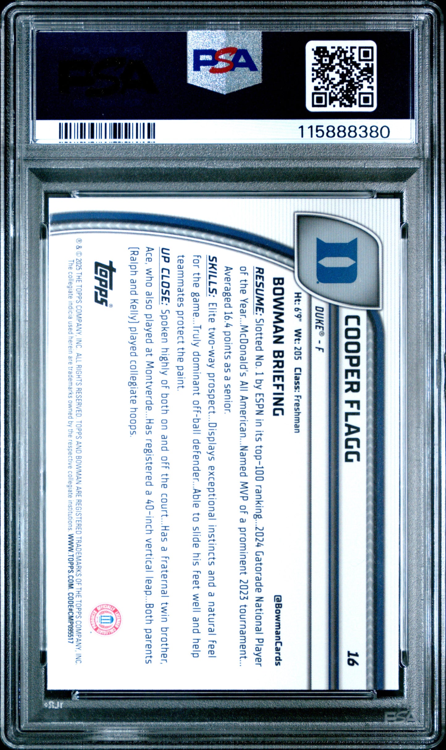 Graded 2024 Topps Bowman Chrome U Cooper Flagg #16 Black Wave Rookie RC Basketball Card PSA 10 Gem Mint