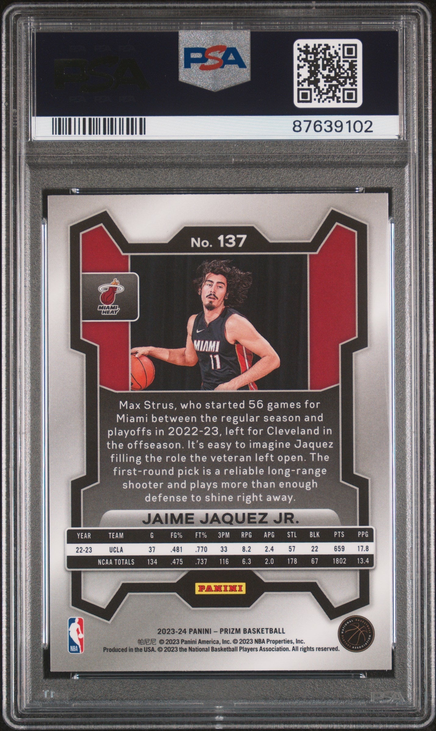 Graded 2023 Panini Prizm Jaime Jaquez Jr #137 Rookie RC Basketball Card PSA 10 Gem Mint - Sport Cards