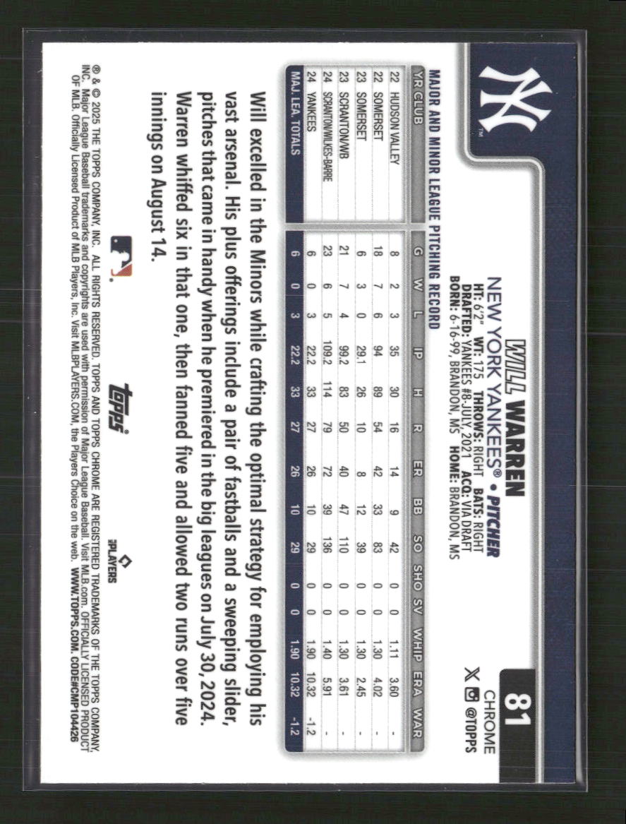 Will Warren 2025 Topps Chrome #81 Aqua Lava Refractors #/199