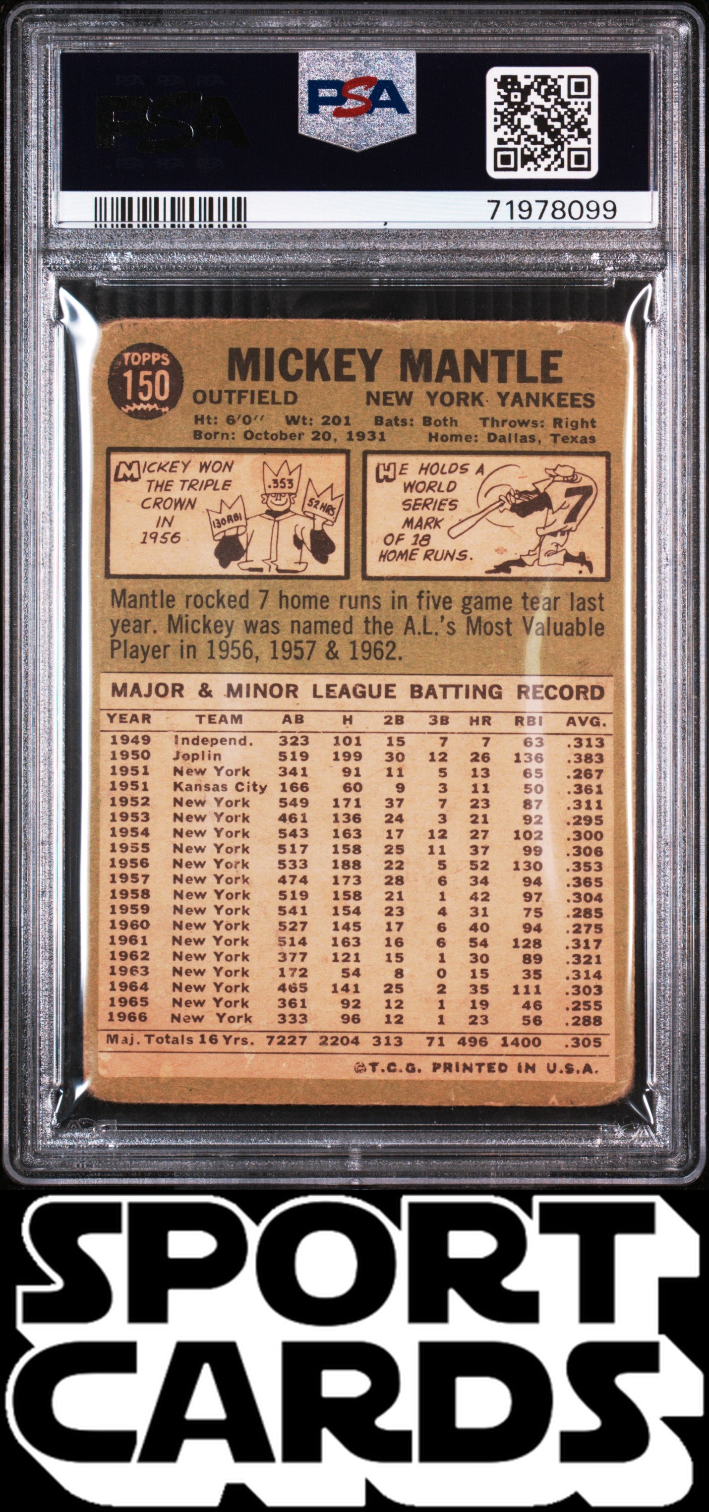 1967 Topps #150 Mickey Mantle PSA 1 SportCards.com