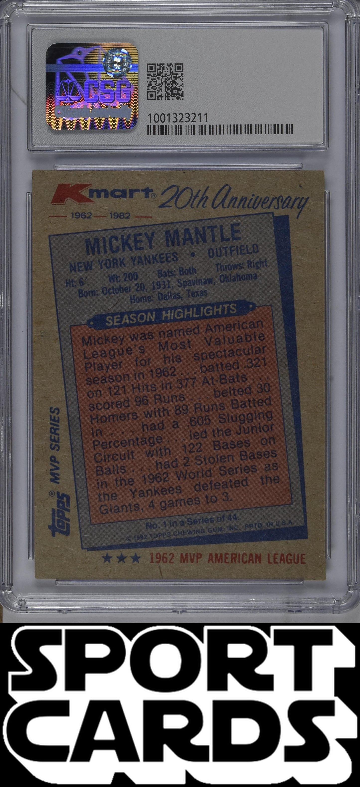 1982 K-Mart #1 Mickey Mantle CSG 4.5 SportCards.com