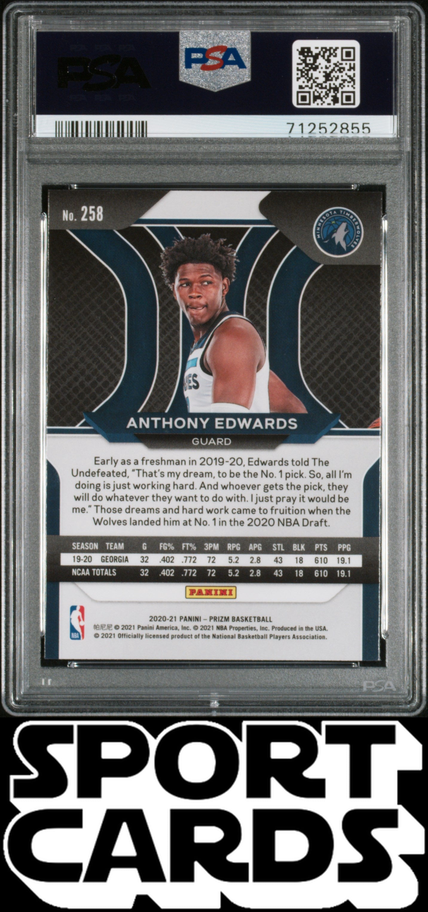 2020 Panini Prizm #258 Anthony Edwards PSA 10 SportCards.com