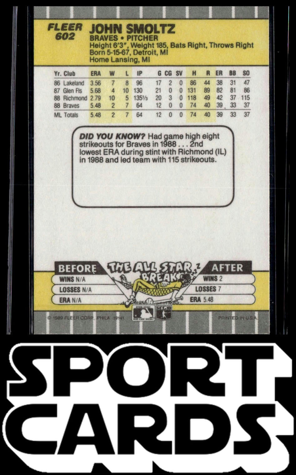 1989 Fleer #602 John Smoltz SportCards.com