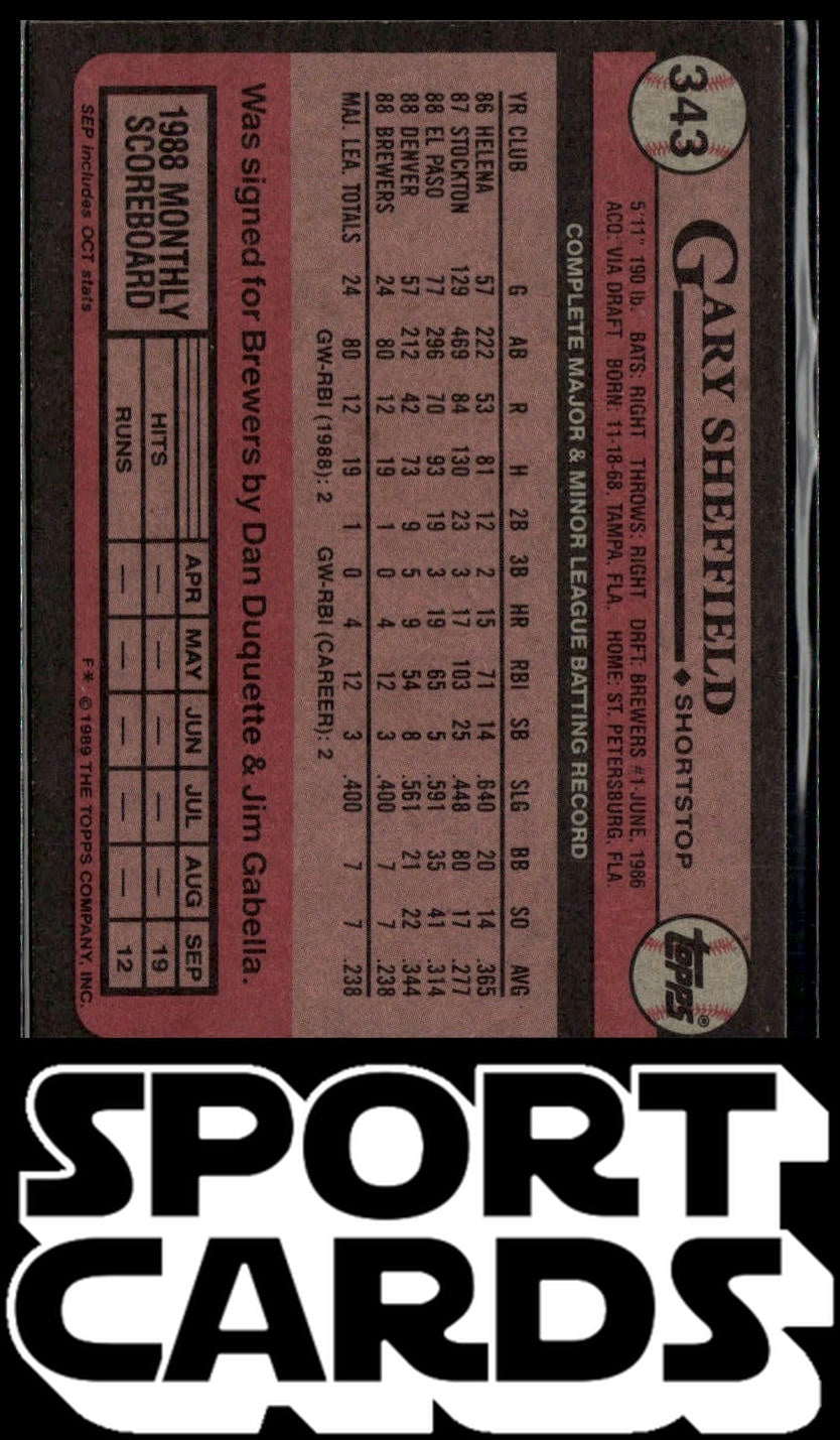 1989 Topps #343b Gary Sheffield Larger gap between hat and Future Stars