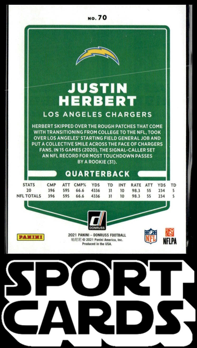2021 Donruss #70b Justin Herbert No Helmet SportCards.com