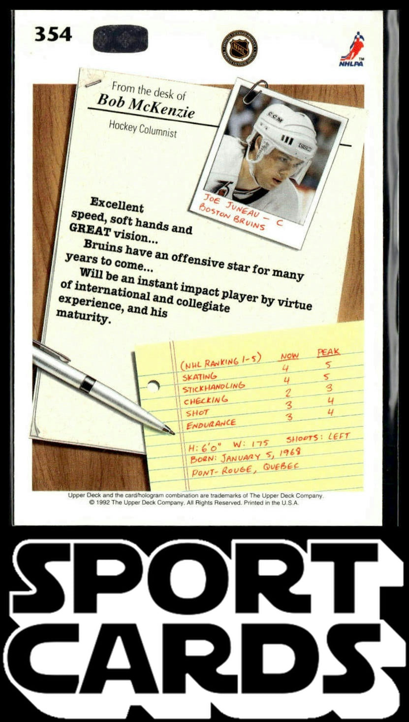 1992-93 Upper Deck #354b Joe Juneau Upper Deck Text and Logo