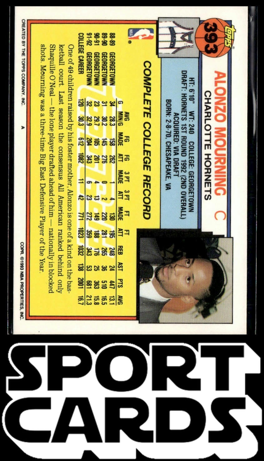 1992-93 Topps #393 Alonzo Mourning Gold SportCards.com