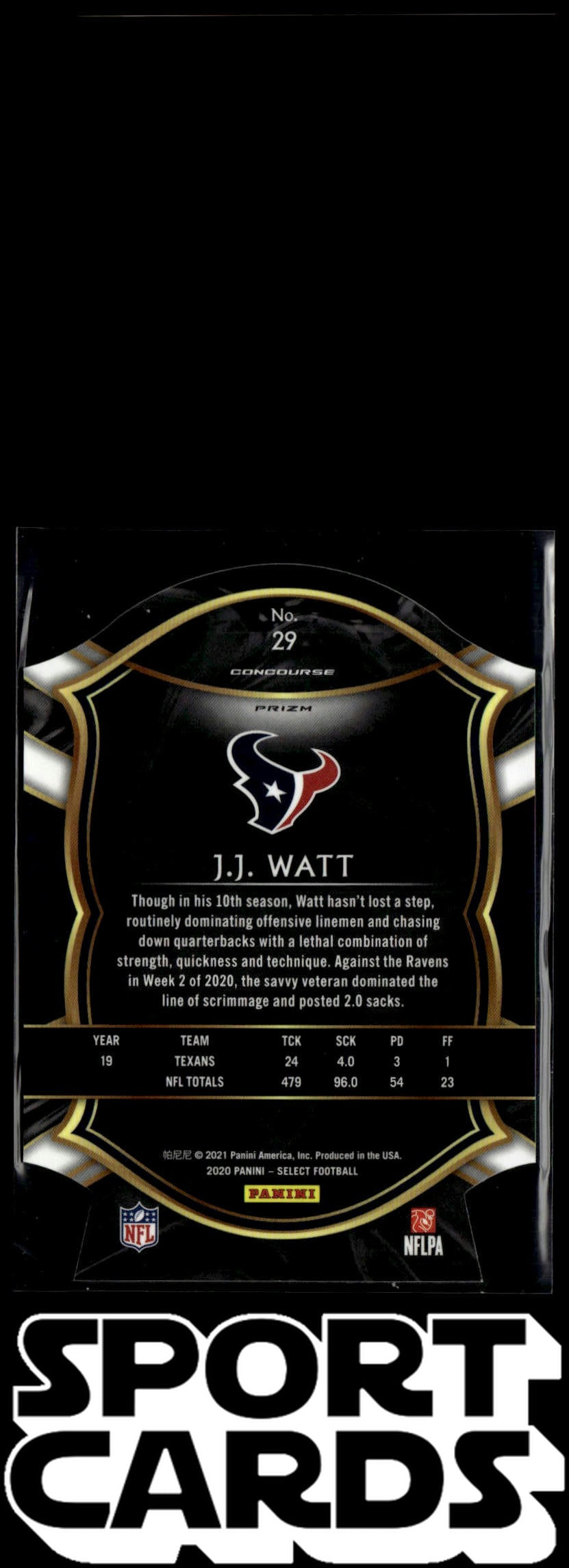2020 Panini Select #29 J.J. Watt White Prizm Die Cut SportCards.com