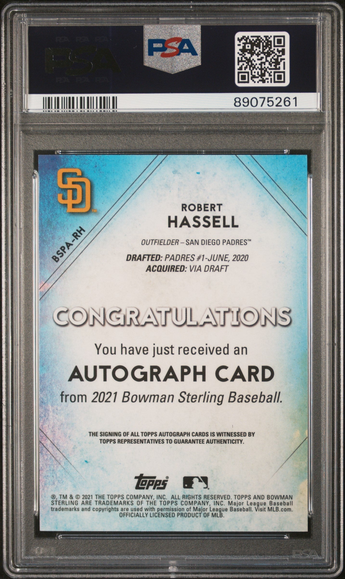 Robert Hassell 2021 Bowman Sterling Prospect Autographs #BSPARH PSA 10 - Sport Cards