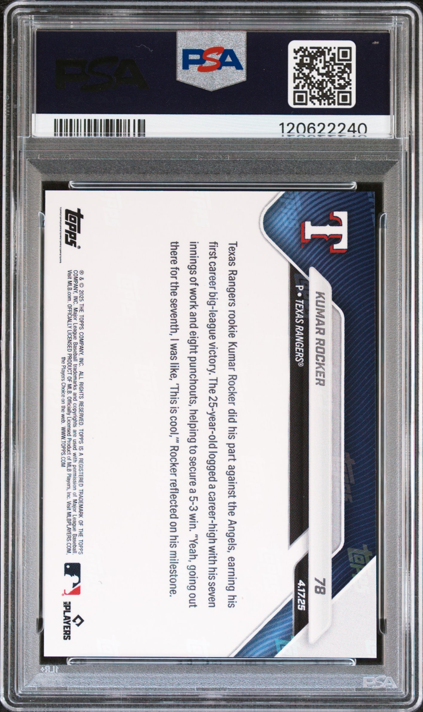 Graded 2025 Topps Now Kumar Rocker #78 Rookie RC Baseball Card PSA 10 Gem Mint