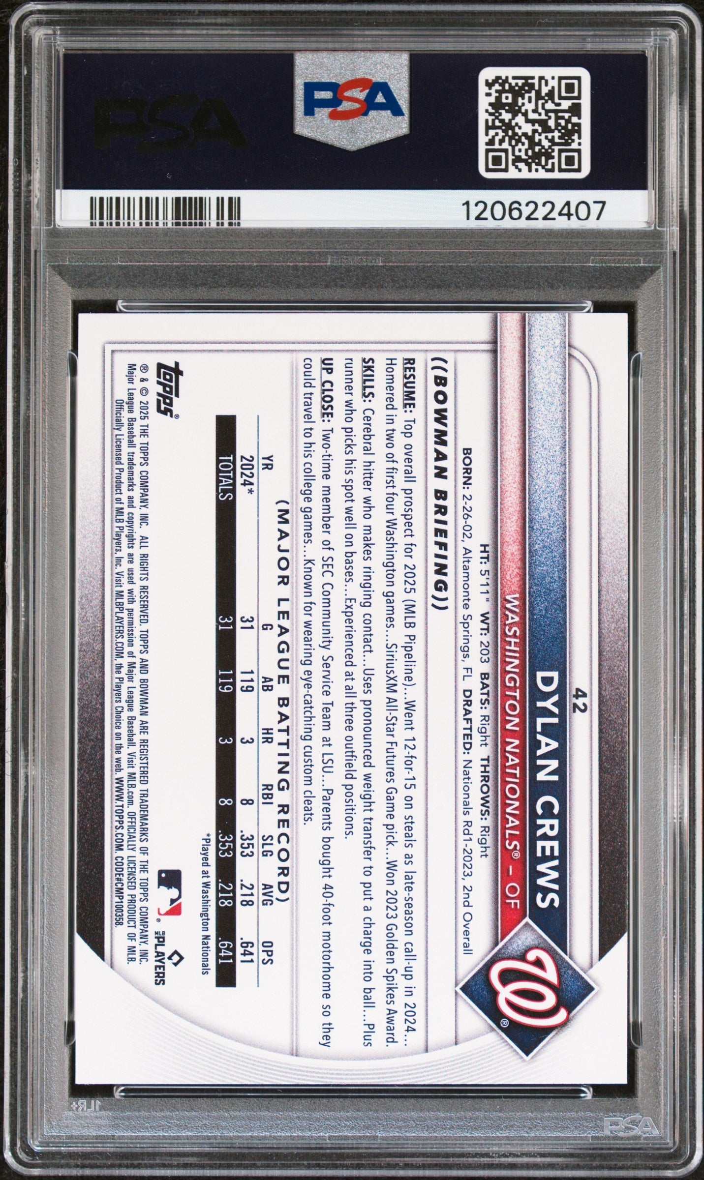 Graded 2025 Topps Bowman Dylan Crews #42 Rookie RC Baseball Card PSA 9 Mint