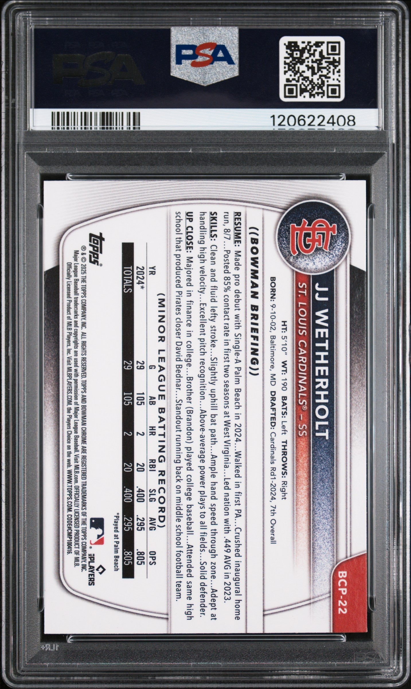 Graded 2025 Topps Bowman JJ Wetherholt #BCP22 Chrome Prospects Rookie RC Baseball Card PSA 9 Mint