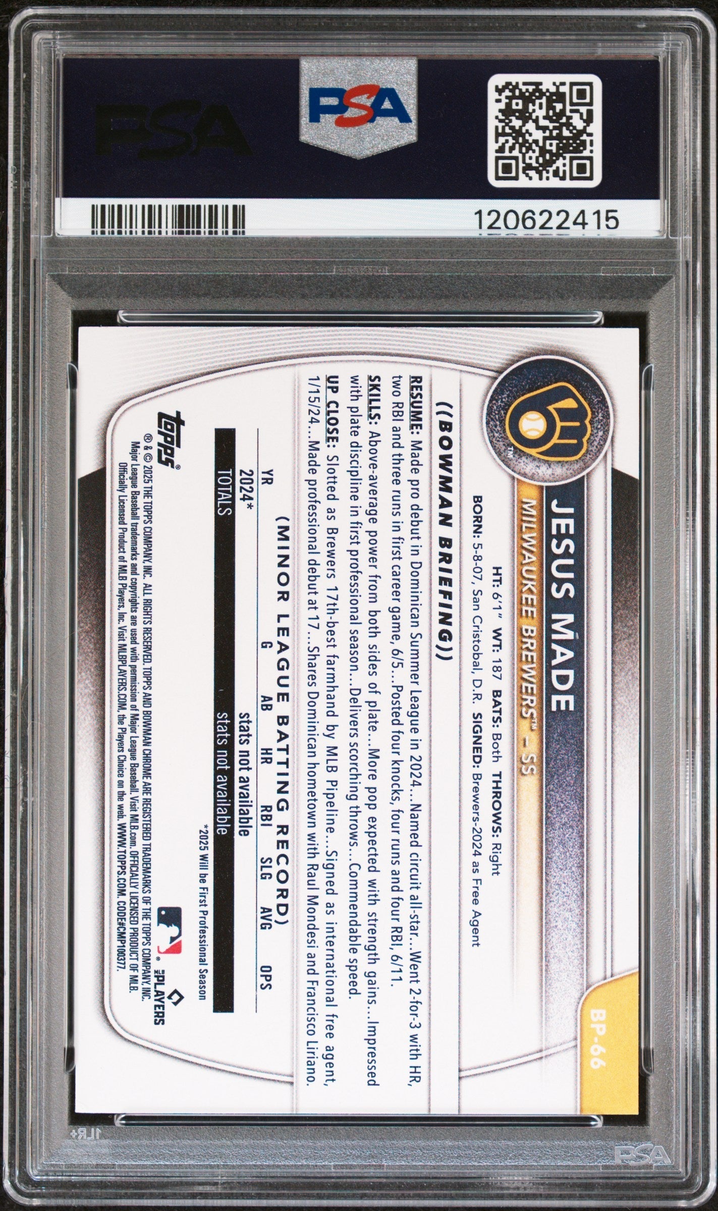 Graded 2025 Topps Bowman Jesus Made #BP66 Paper Prospects Rookie RC Baseball Card PSA 6 Excellent