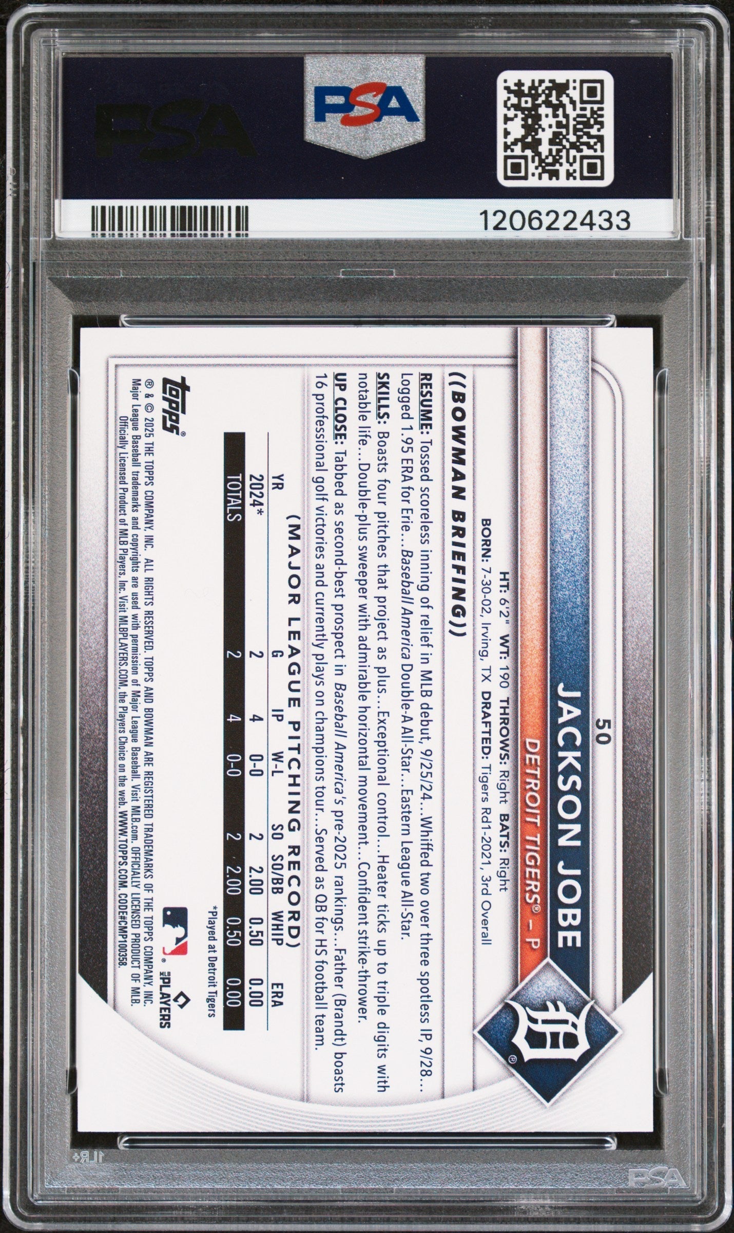 Graded 2025 Topps Bowman Jackson Jobe #50 Rookie RC Baseball Card PSA 7 Near Mint