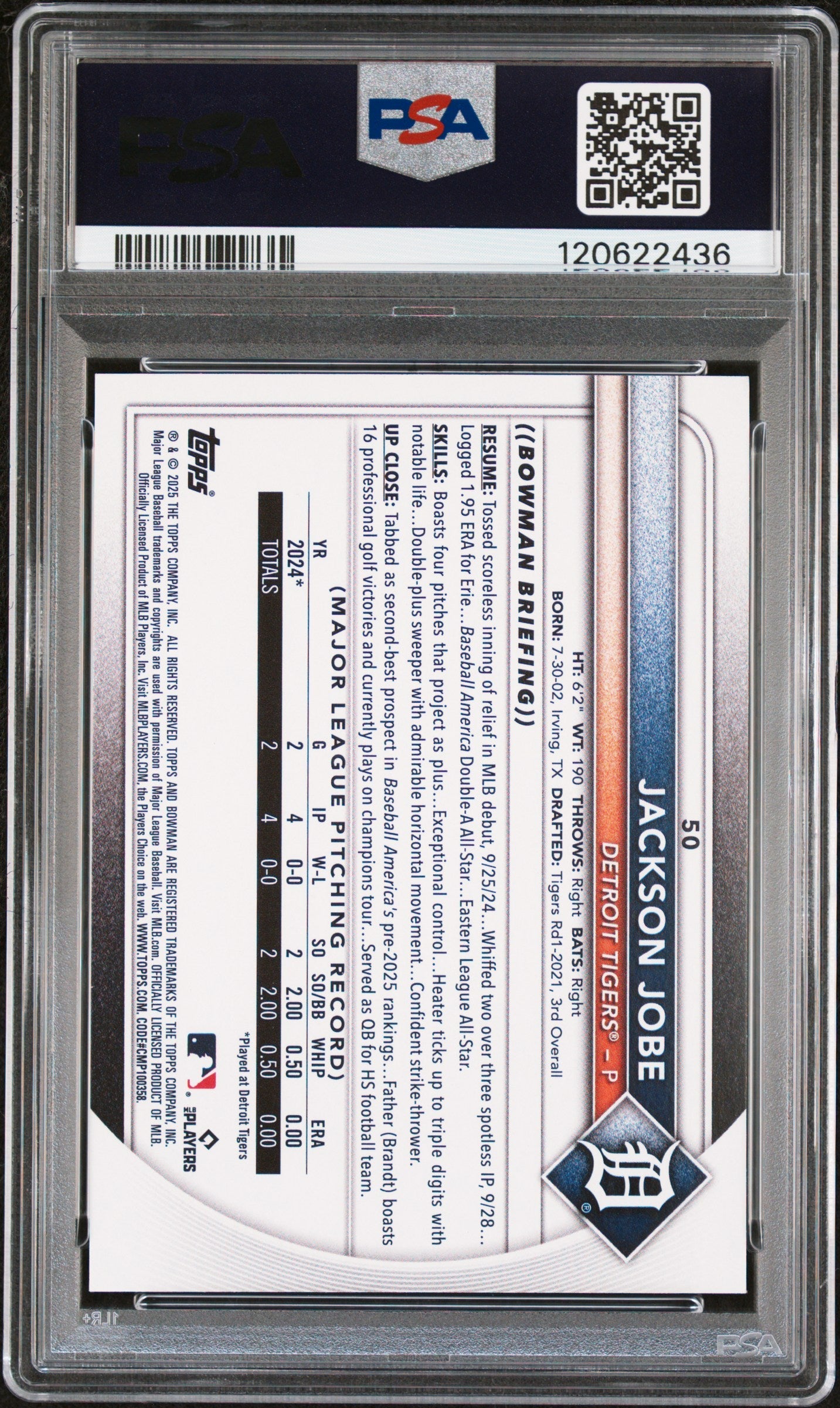 Graded 2025 Topps Bowman Jackson Jobe #50 Rookie RC Baseball Card PSA 9 Mint
