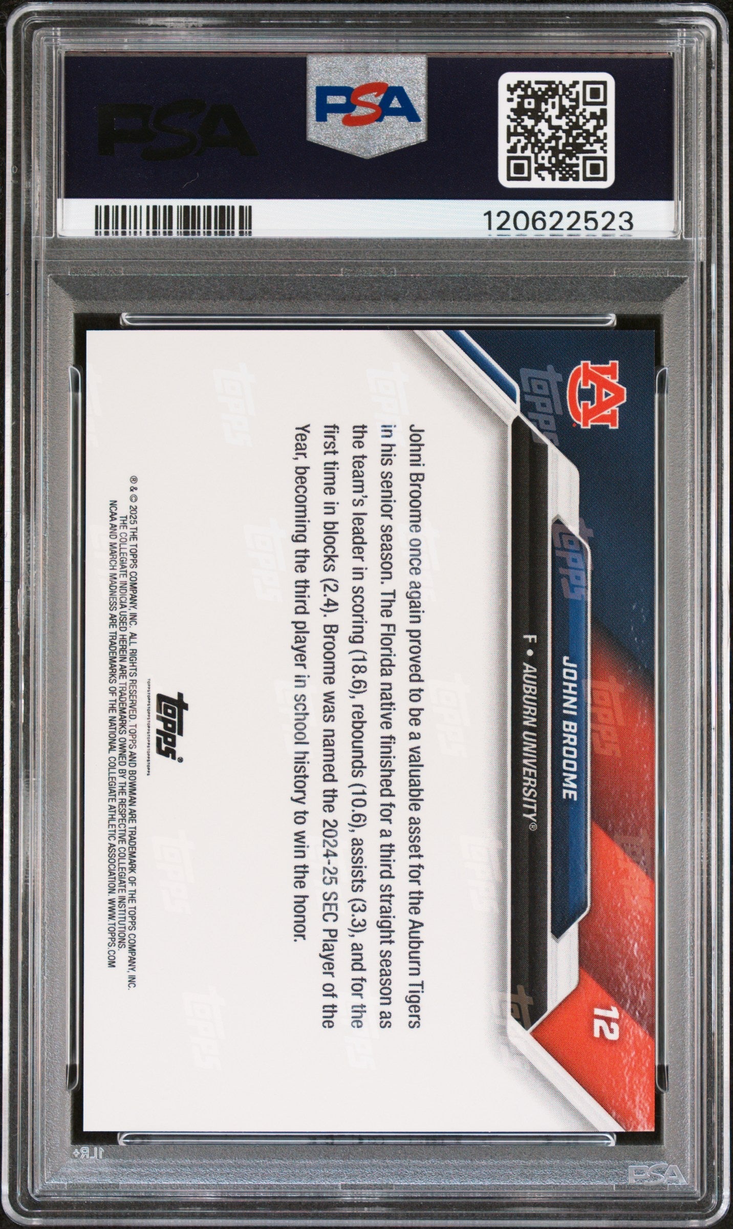 Graded 2025 Topps Bowman U Now Johni Broome #12 March Madness Rookie RC Basketball Card PSA 10 Gem Mint