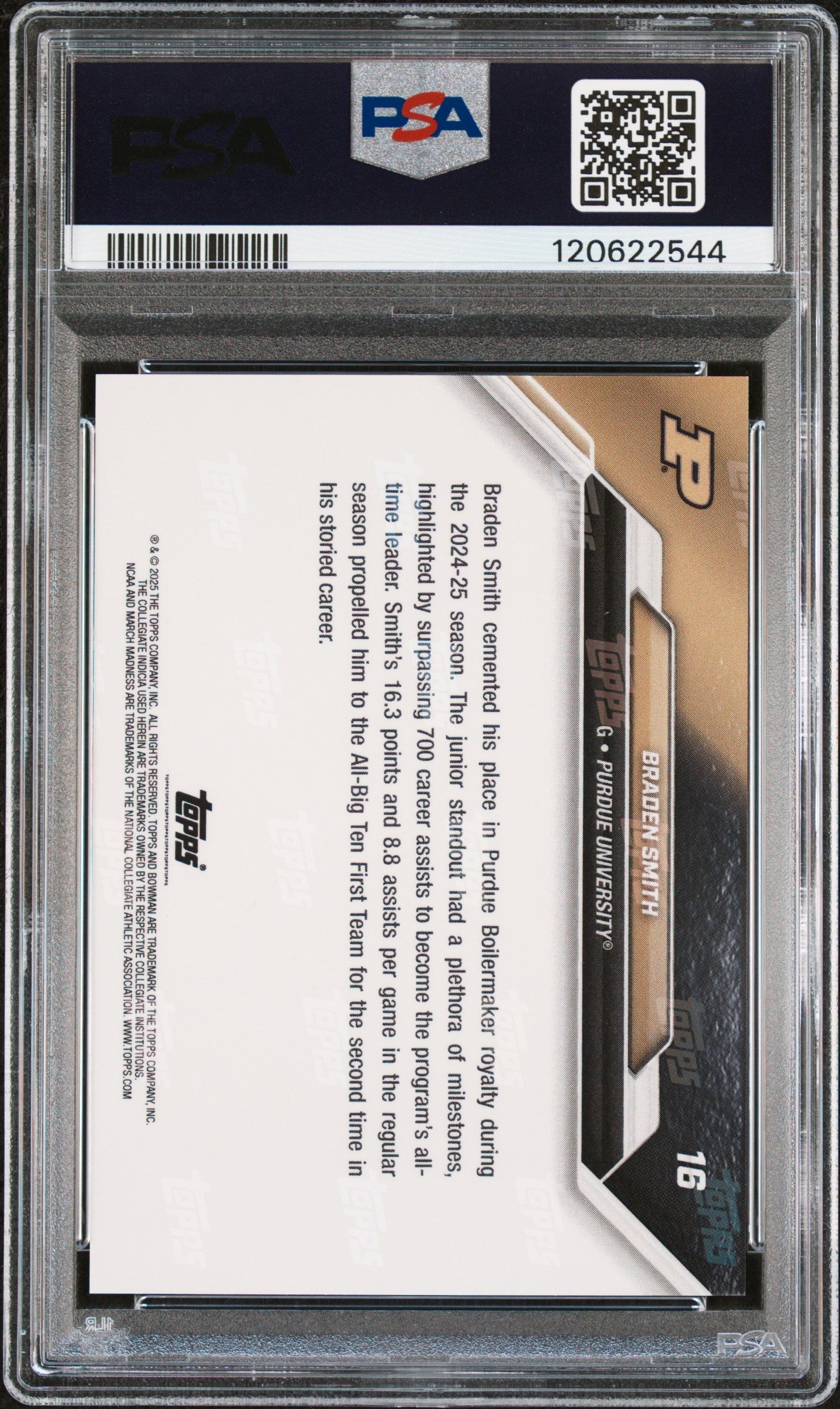 Graded 2025 Topps Bowman U Now Braden Smith #16 March Madness Rookie RC Basketball Card PSA 10 Gem Mint