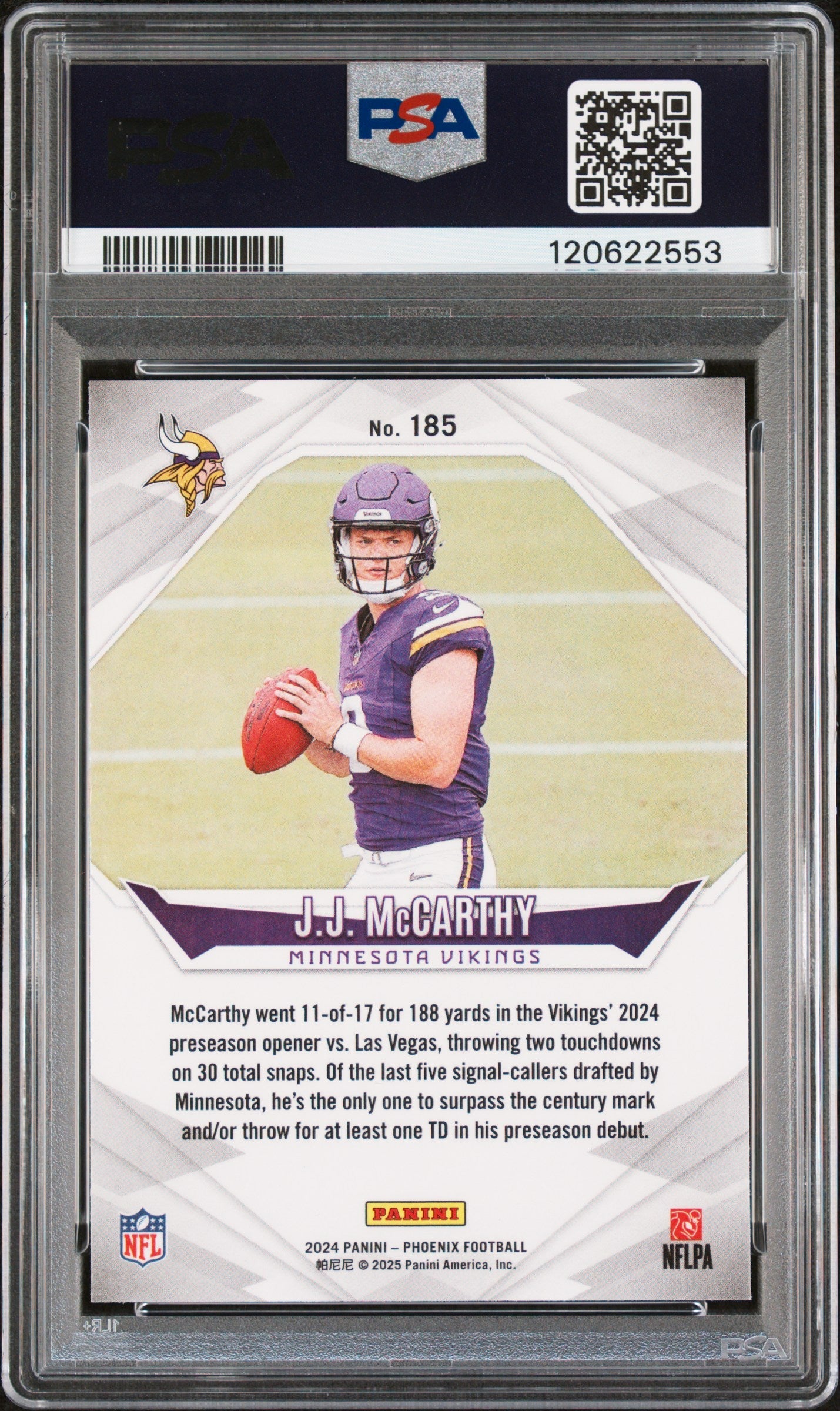 Graded 2024 Panini Phoenix JJ McCarthy #185 Rookie RC Football Card PSA 9 Mint