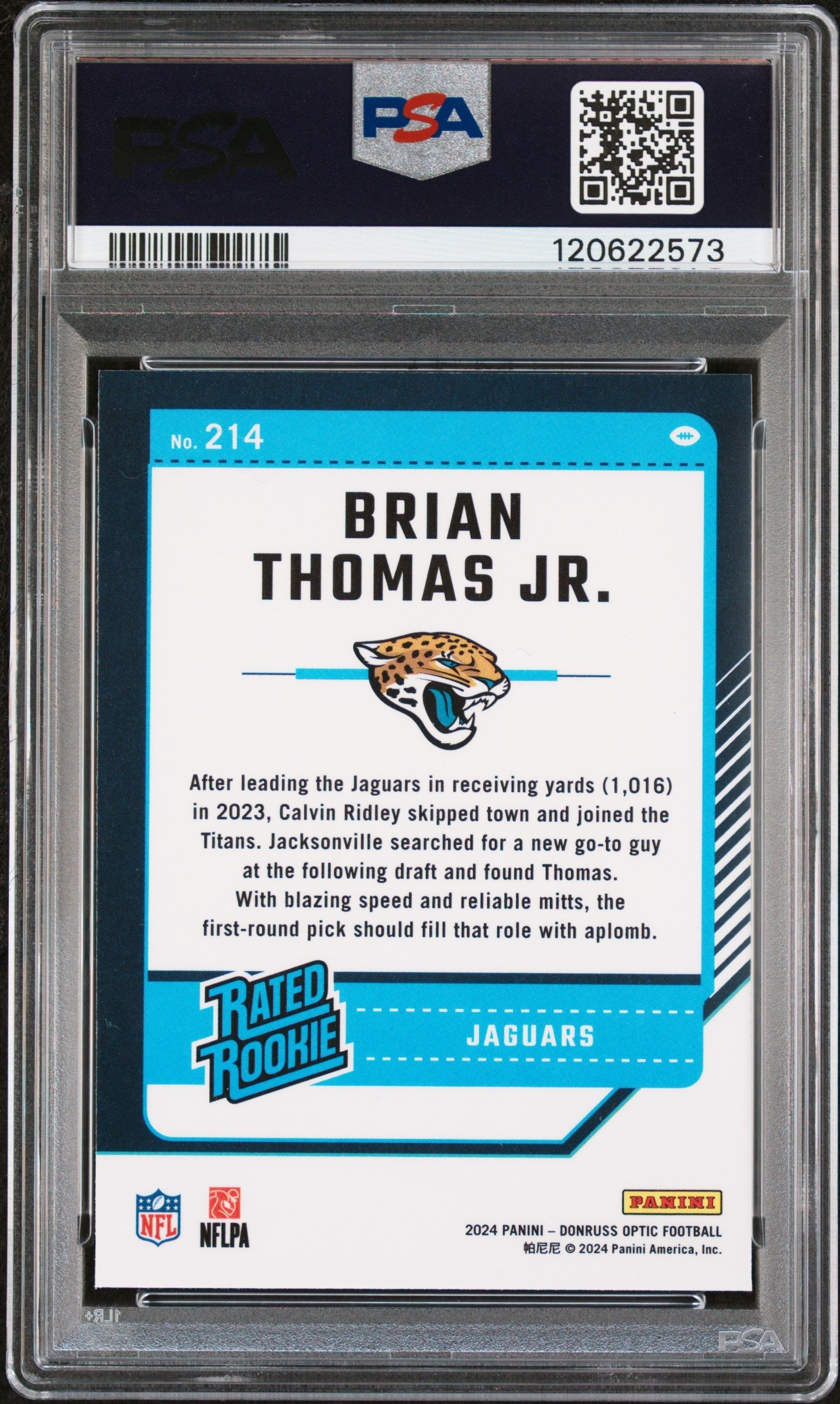 Graded 2024 Panini Donruss Optic Brian Thomas Jr. #214 Rookie RC Football Card PSA 9 Mint
