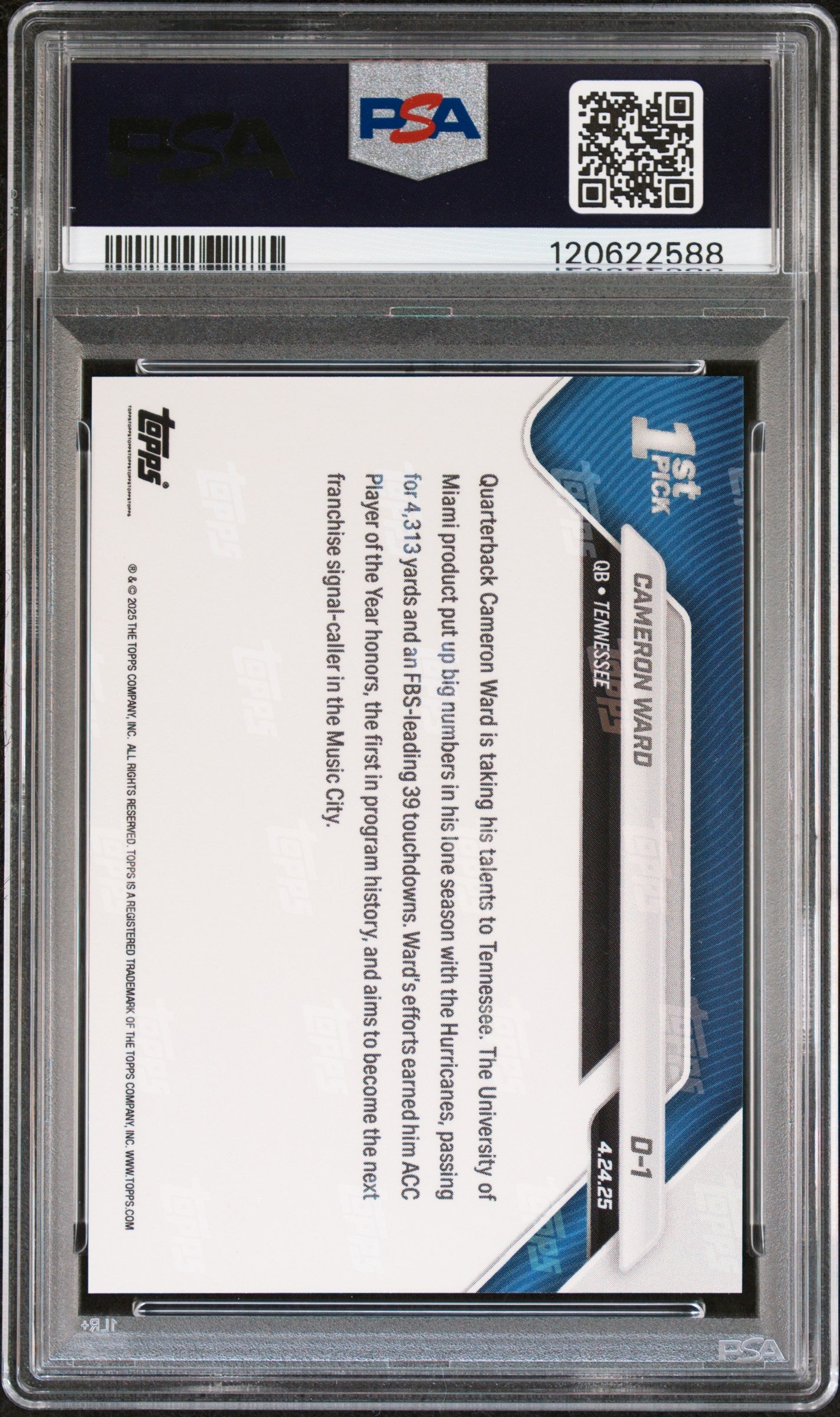 Graded 2025 Topps Now Cam Ward #D1 Rookie RC Football Card PSA 9 Mint