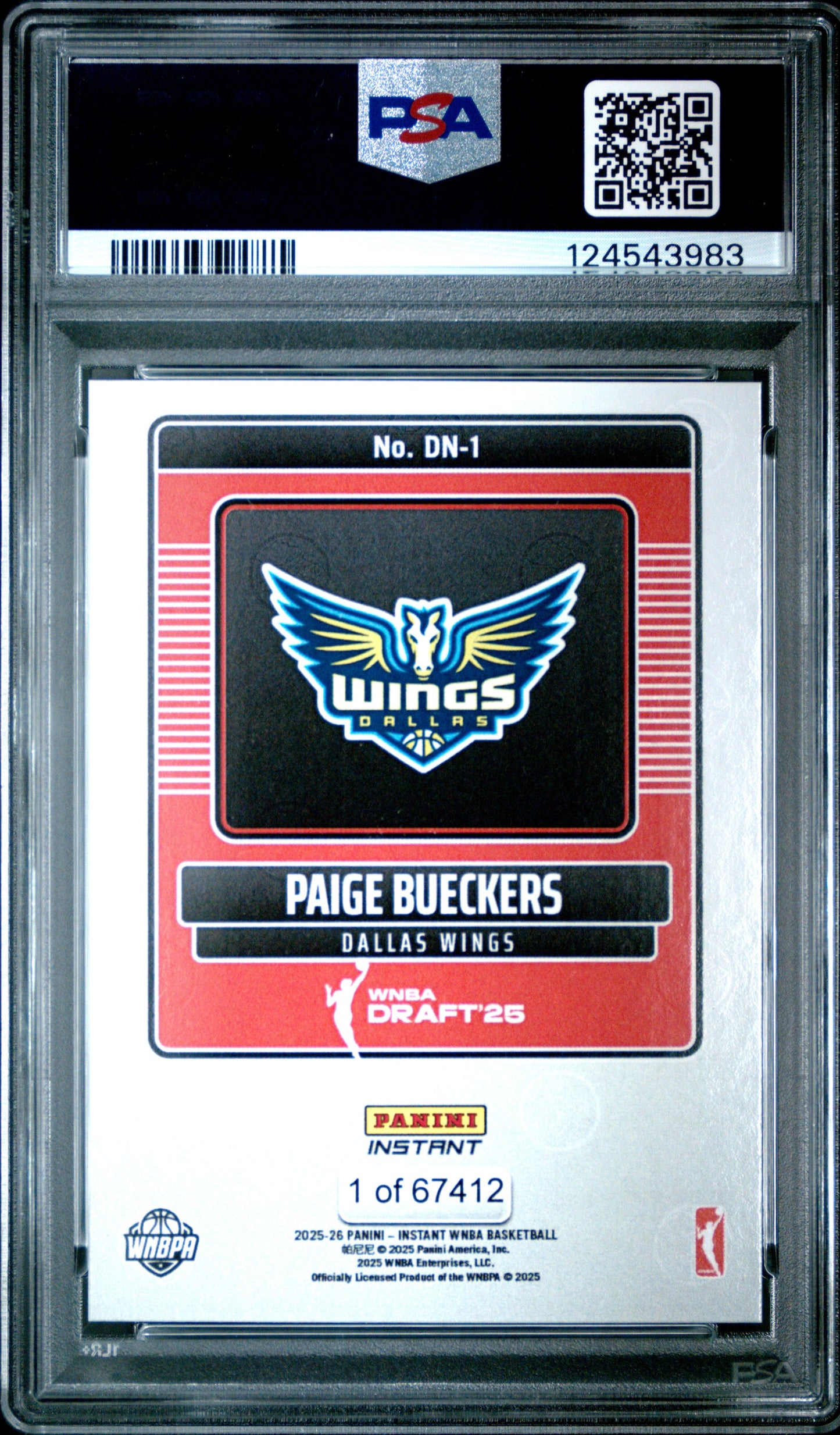 Graded 2025 Panini Instant WNBA Paige Bueckers #DN1 Draft Night Rookie RC Basketball Card PSA 9 Mint