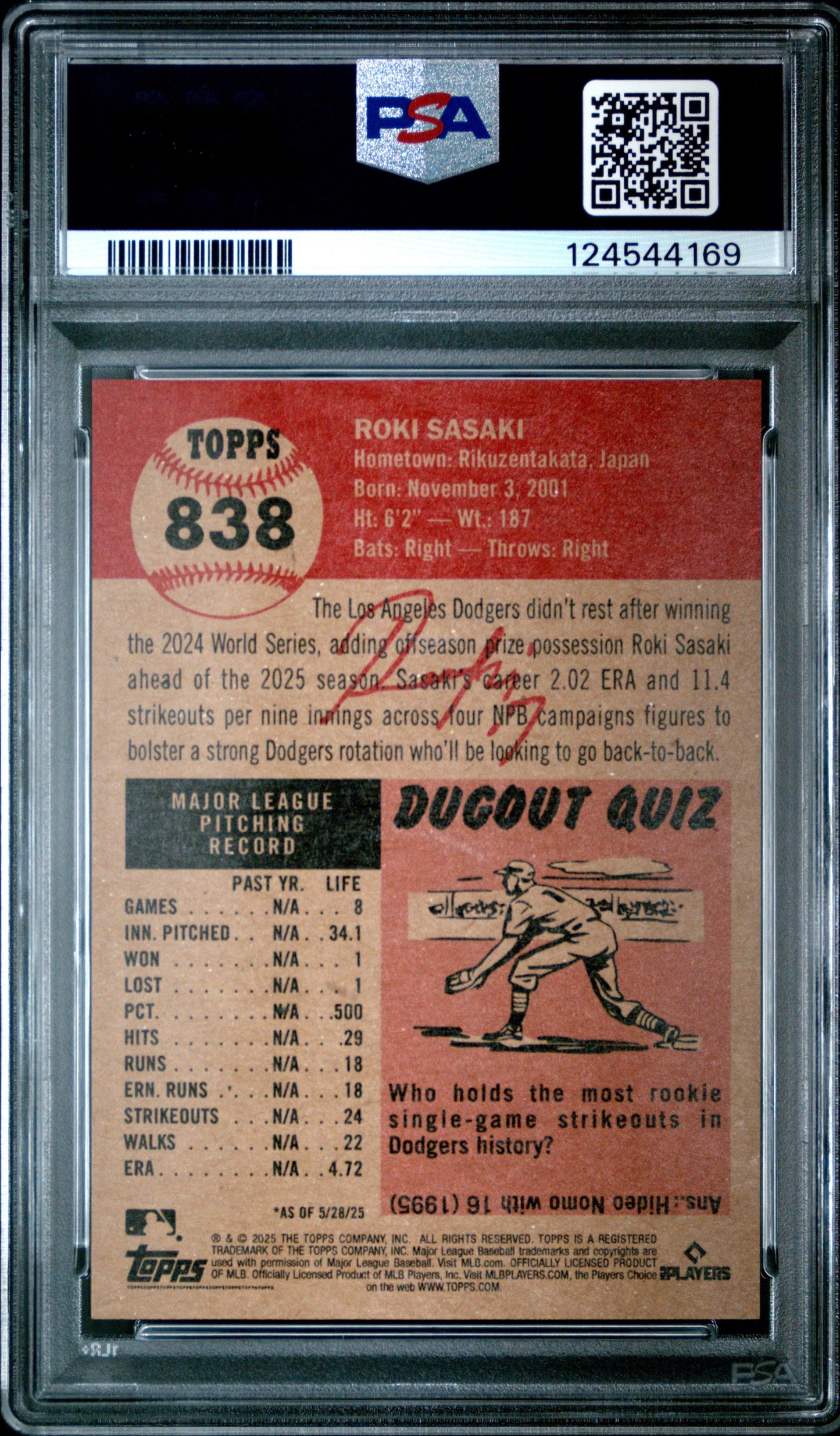 Graded 2025 Topps Living Roki Sasaki #838 Rookie RC Baseball Card PSA 10 Gem Mint