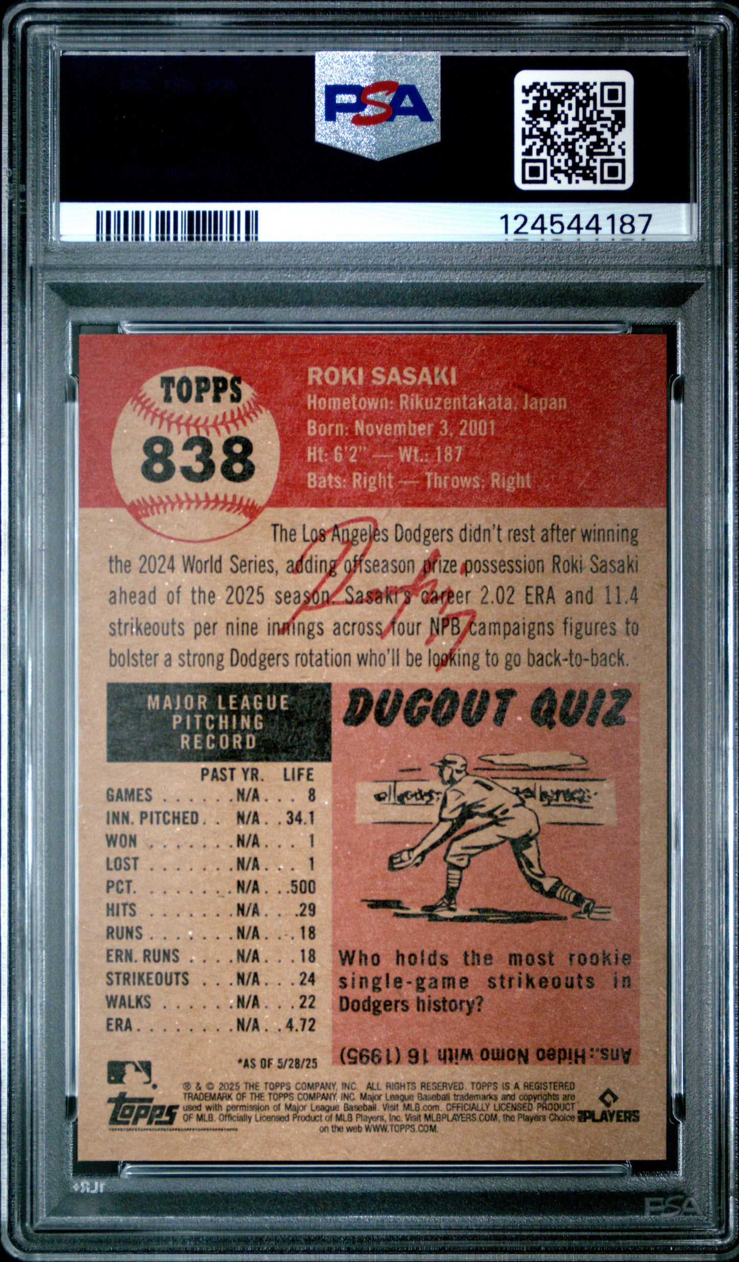 Graded 2025 Topps Living Roki Sasaki #838 Rookie RC Baseball Card PSA 8 Near Mint