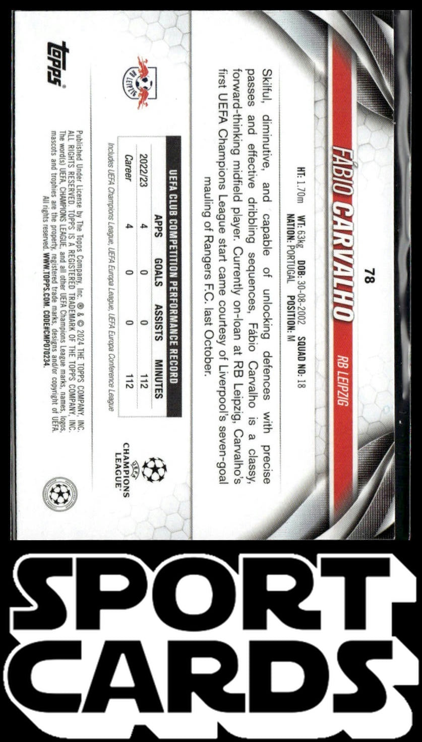 2023-24 Topps Chrome UEFA Club Competitions #78 Fábio Carvalho Red Refractor