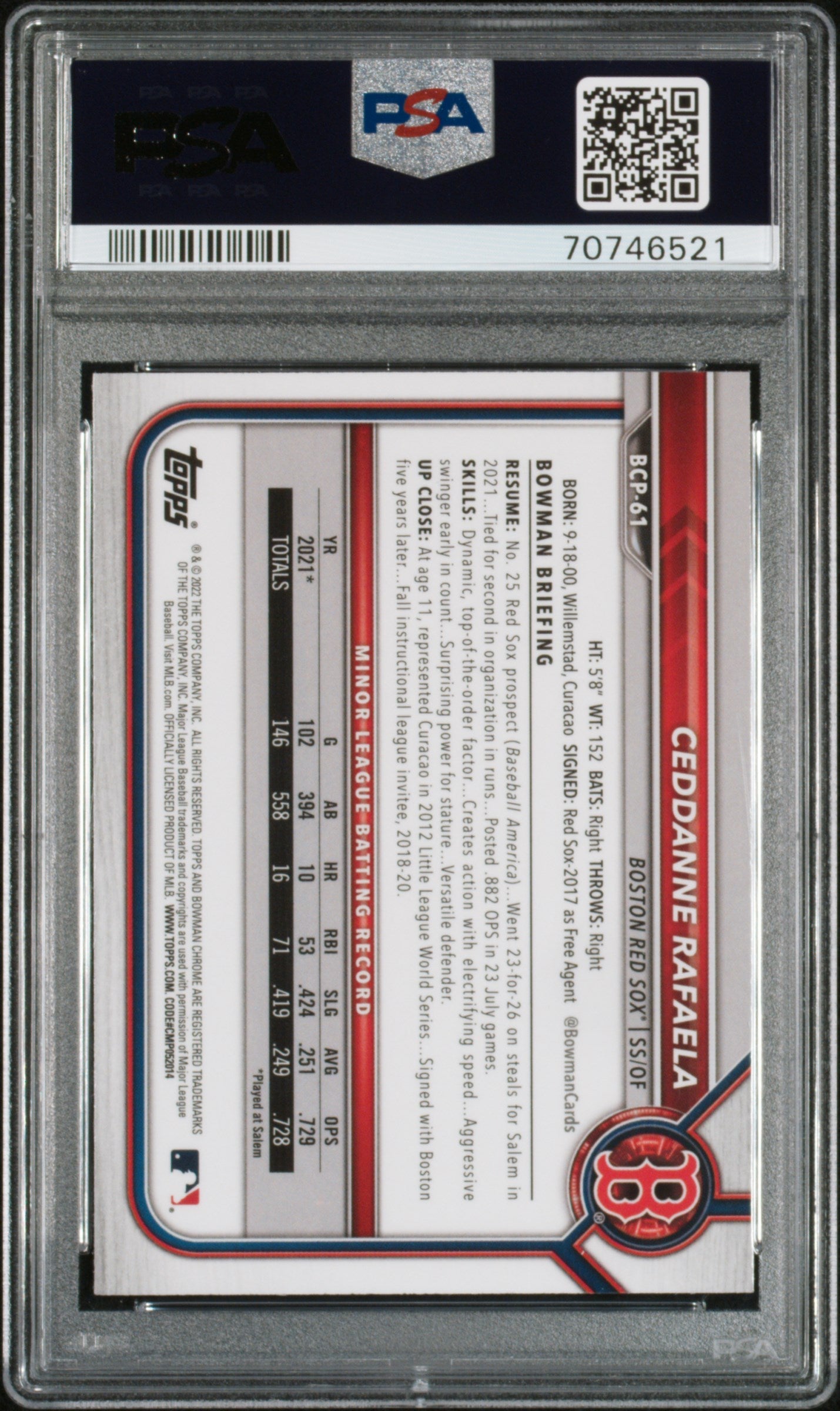 Graded 2022 Topps Bowman Mega Box Ceddanne Rafaela #BCP61 Rookie RC Baseball Card PSA 10 Gem Mint