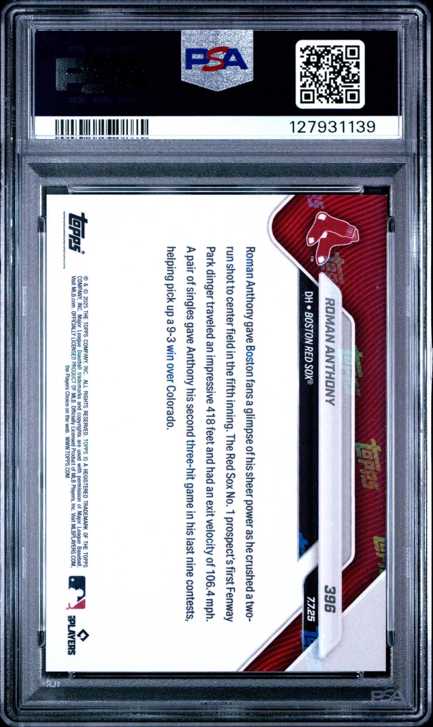 Graded 2025 Topps Now Roman Anthony #396 Rookie RC Baseball Card PSA 10 Gem Mint