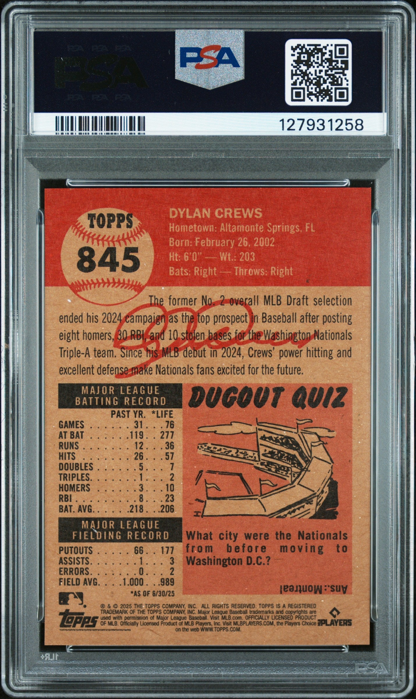 Graded 2025 Topps Living Dylan Crews #845 Rookie RC Baseball Card PSA 9 Mint